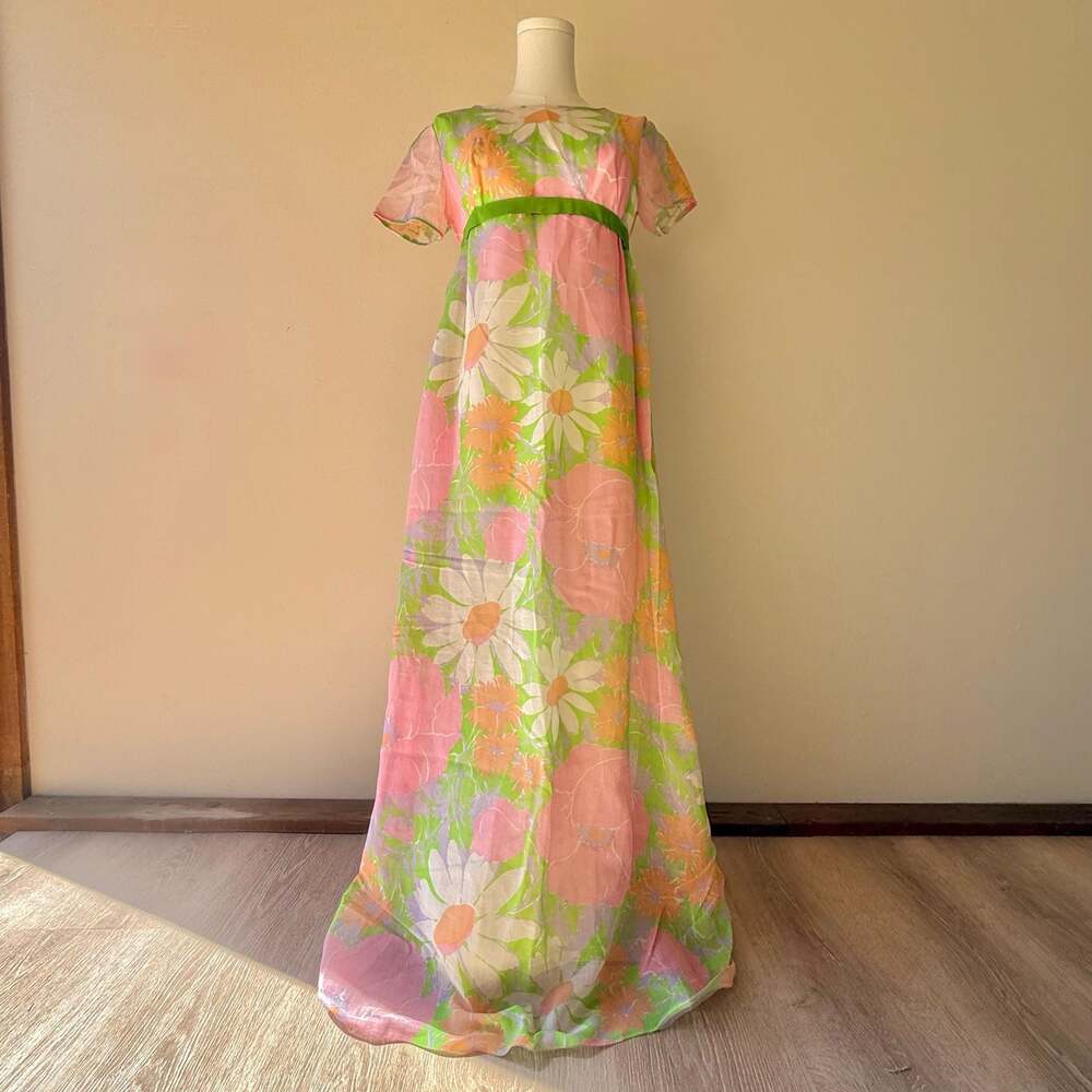 Vintage 1960s Union Label Floral Chiffon Empire Waist Maxi Dress